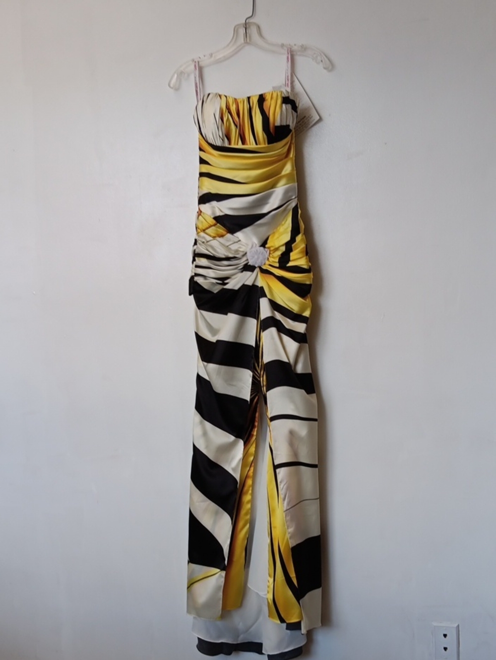 Vintage Yellow, Black & Cream Strapless Ruched Evening Dress